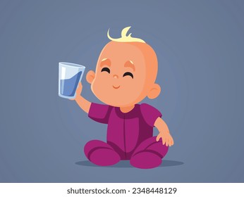 
Bebida de bebé alegre después de 6 meses de la ilustración del vector de agua. Niña pequeña independiente sosteniendo un vaso de líquido 
