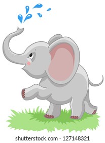 cheerful baby elephant with a spray of water on a white background