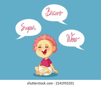 
Cheerful Baby Getting Praised by Family Vector Cartoon Illustration. Parents and grandparents over phrasing and encouraging progress on little child
