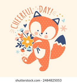 Cheerful baby ginger fox with a bouquet of flowers. Naive modern hand drawn t-shirt print. Vector illustration. Cute funny animal cub