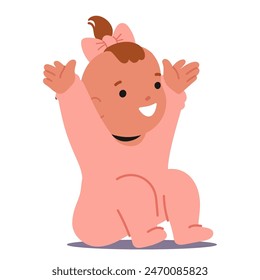 Cheerful Baby Girl Dressed In A Pink Onesie Joyfully Raising Her Hands, Infant Child Showcasing A Wide Smile. Cartoon Vector Illustration Related To Childhood Happiness And Developmental Milestones