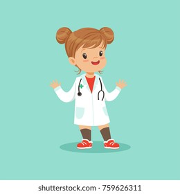 Cheerful baby girl in white medical coat and stethoscope around her neck playing doctor role, flat vector illustration