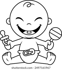 Cheerful baby holding a pacifier and a rattle in his hands. Black and white drawing. Cartoon of a baby. Clip art. Outlines. Line art. Illustration.