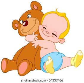 Cheerful baby hugging his teddy bear