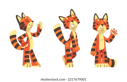 Cheerful baby tiger. Happy wild african animal character standing on hind paws set cartoon vector illustration