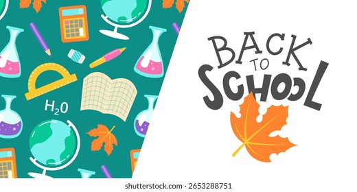 Cheerful Back to School banner with vibrant school supplies and autumn elements, perfect for promotional designs. Vector illustration
