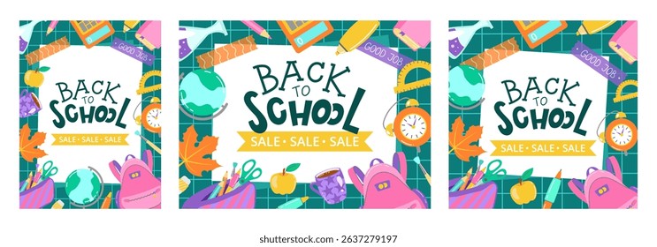 Cheerful Back to School banners with vibrant school supplies, sale ribbons, and autumn elements, perfect for promotional designs. Vector illustration