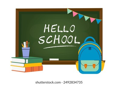 Cheerful back to school scene with chalkboard, Backpack, textbooks, cup of pencils and Hello School Message. Festive composition for college study, education, learning. Vector illustration