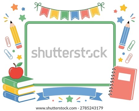 Cheerful back to school welcome board illustration in flat vector style featuring a pastel green classroom board surrounded by colorful school supplies and educational decorations. Design includes pencils, books, apple, stationery, ribbons, stars, worksheets, and learning elements perfect for classroom decor, school orientation, kindergarten admission, elementary education posters, printable banners, and academic promotion materials. Clean modern layout with warm pastel colors, editable isolated elements, and no gradient or shadow, suitable for poster templates, classroom decorations, and microstock design collections.