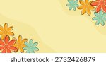 A cheerful background featuring stylized orange, red-orange, and teal flowers with black outlines on a soft yellow backdrop, adorned with subtle wavy patterns, creating a vibrant and playful design.