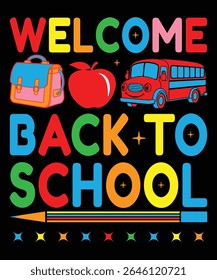 A cheerful backtoschool design featuring a smiling school bus, pencils, and colorful Welcome Back to School text. Perfect for classroom decorations.