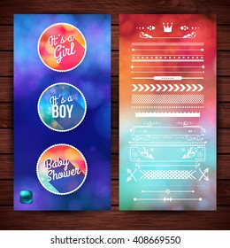 Cheerful badge design and elegant borders with its a girl, boy and baby shower text greetings for cards and posters in blue and red gradient colors
