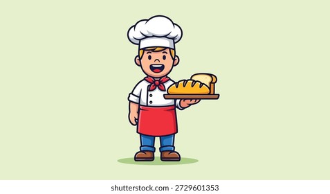 A cheerful baker boy in a chef's hat and apron proudly presents a tray of warm, golden-brown bread loaves, perfect for bakery themes.