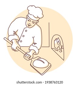 Cheerful baker puts bread in the oven. Vector illustration. Poster or banner template for bakery.