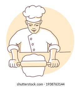 Cheerful baker rolls out the dough. Vector illustration. Poster or banner template for bakery.