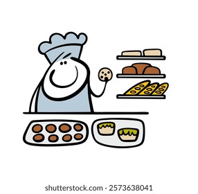 Cheerful baker stands behind the counter and eats cookies. Vector illustration of a pastry chef working in bakery, selling bread, cakes, pies and rolls. Doodle character isolated on white background.