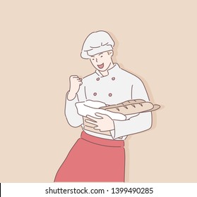 Cheerful baker wearing a uniform holding with fresh bread. Hand drawn style vector design illustrations.