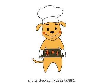 Cheerful baker,cook, doodle  dog with gingerbread