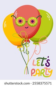 Cheerful balloons with quirky glasses and lettering text Let s Party. For greeting and birthday card, party invitations, event decorations