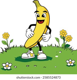 A cheerful banana character, surrounded by blooming flowers and grass in a cute, vibrant cartoon style. This vector illustration is perfect for use in designs related