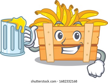 Cheerful banana fruit box mascot design with a glass of beer
