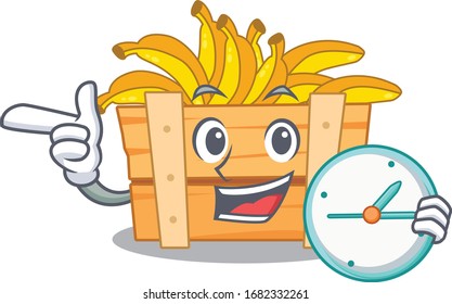 Cheerful banana fruit boxcartoon character style with clock
