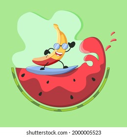 Cheerful banana in the style of flat on a surfboard. Juicy watermelon. Bright character banana with glasses. Cartoon character. Summer design. The idea for a postcard.