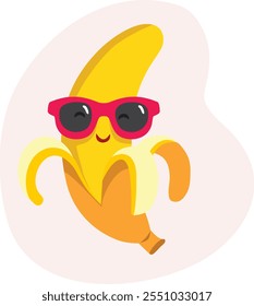 
Cheerful Banana with Sunglasses Vector Cartoon Mascot Character. Summertime symbol of a yellow fruit with trendy glasses 
