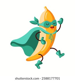 Cheerful banana superhero with a green mask, gloves, and a cape. Cute energetic fruit character running joyfully. Great for kids' illustrations, healthy food themes, or fun branding materials.