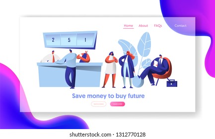 Cheerful Bank Employee and Client at Reception Desk Landing Page. Male Waiting In Line with Document. Female Character Business Discussion Website or Web Page. Flat Cartoon Vector Illustration