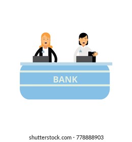 Cheerful banking workers standing behind counter desk. Customer service. Young female characters in formal clothes. Isolated flat vector illustration