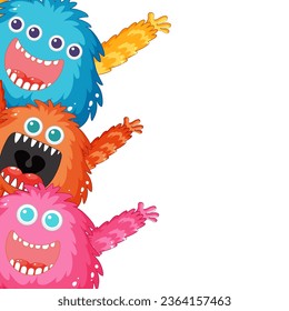 A cheerful banner featuring friendly monster characters in a border design