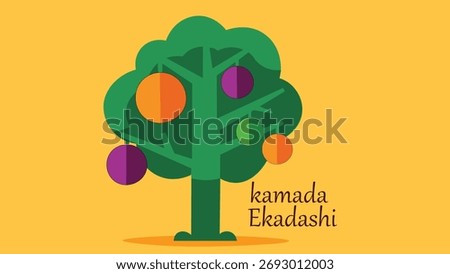 Cheerful banner for Kamada Ekadashi featuring a vibrant tree laden with colorful fruits, symbolizing wishes and abundance