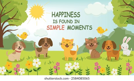 A cheerful banner with playful animals, including dogs, a cat, and a bunny, enjoying simple moments under the sun in a beautiful garden, symbolizing the joy in nature and life.