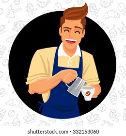 Cheerful barista in a blue apron and a beige shirt prepares coffee. Vector illustration of a black circle on a white background surrounded by coffee icons.