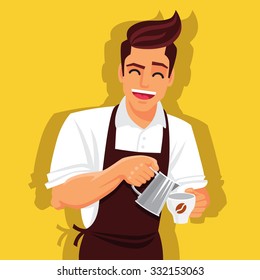 Cheerful barista in a brown apron and a white shirt is preparing coffee. Vector illustration on a yellow background. Fun boy image.