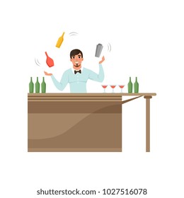 Cheerful bartender juggling colorful bottles standing behind the bar counter, barman character at work cartoon vector Illustration on a white background