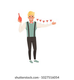 Cheerful bartender pouring alcoholic cocktails, barman show cartoon vector Illustration on a white background
