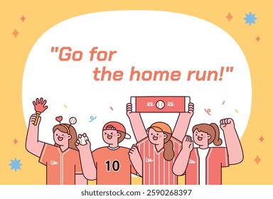 Cheerful baseball fans supporting their team with banners and enthusiasm. Flat vector illustration of people enjoying a sports event.