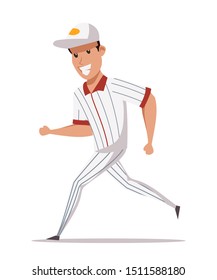 Cheerful baseball player flat vector illustration. Young smiling man in striped uniform cartoon character. Professional sportsman, successful sports star. Home run, running softball team member