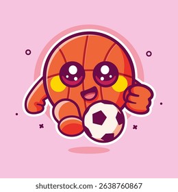 Cheerful basketball ball character mascot playing football isolated cartoon