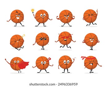 Cheerful basketball characters display a range of lively expressions and engaging activities, showcasing their playful personalities in a whimsical setting.