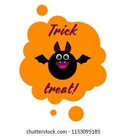 Cheerful bat on an orange background with the inscription Treat or revenge. Halloween sticker. Vector