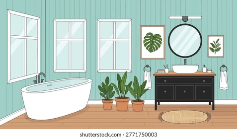 A cheerful bathroom space boasts a white bathtub, wooden accents, and vibrant green foliage for a relaxing atmosphere.