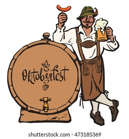 Cheerful Bavarian man with beer mug and sausage leaning on barrel with lettering Octoberfest. Hand drawn vector in sketch style isolated on white background.