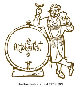 Cheerful Bavarian man with beer mug and sausage leaning on barrel with lettering Octoberfest. Monochrome hand drawn vector illustration in vintage sketch style isolated on white background.