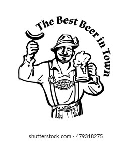 Cheerful Bavarian man with beer mug and sausage leaning on barrel Hand drawn vector illustration in vintage sketch style isolated on white background.Beer logo.