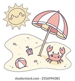 A cheerful beach scene with a crab, sun, umbrella, and beach ball.