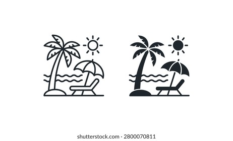A cheerful beach scene vector icon featuring a palm tree, sun lounger, and beach umbrella under a bright sun, perfect for travel or vacation-themed projects.