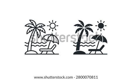 A cheerful beach scene vector icon featuring a palm tree, sun lounger, and beach umbrella under a bright sun, perfect for travel or vacation-themed projects.